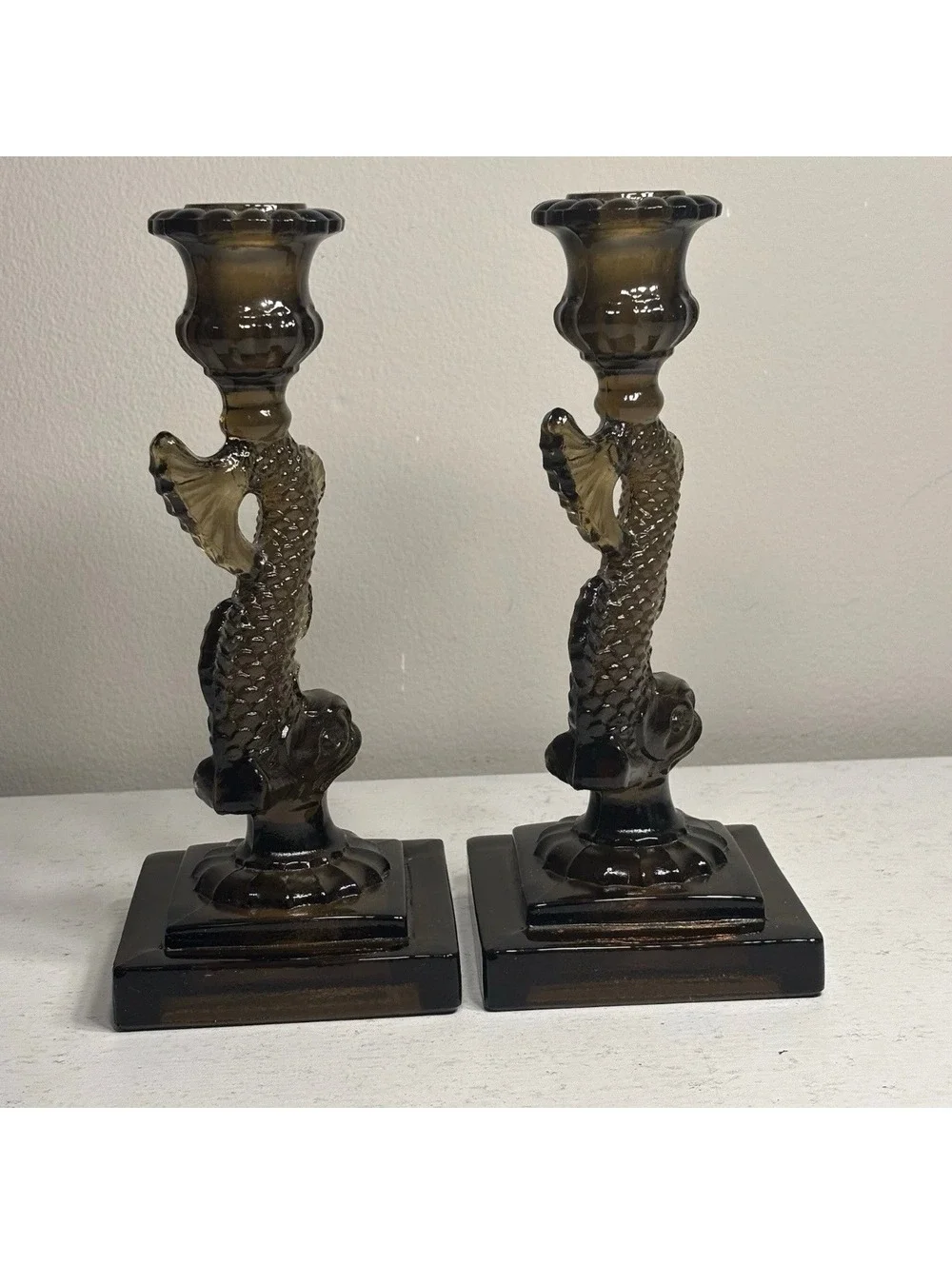 Vintage Imperial Nut Brown Dolphin/Koi Fish Candle Holders set of 2